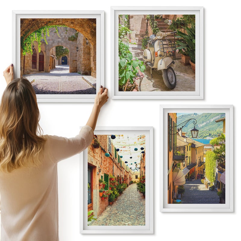 Galeria ścienna 4-częściowy komplet obrazów w białych ramach - Urokliwe uliczki z roślinnością oraz włoska pizza - ArtPrintCave