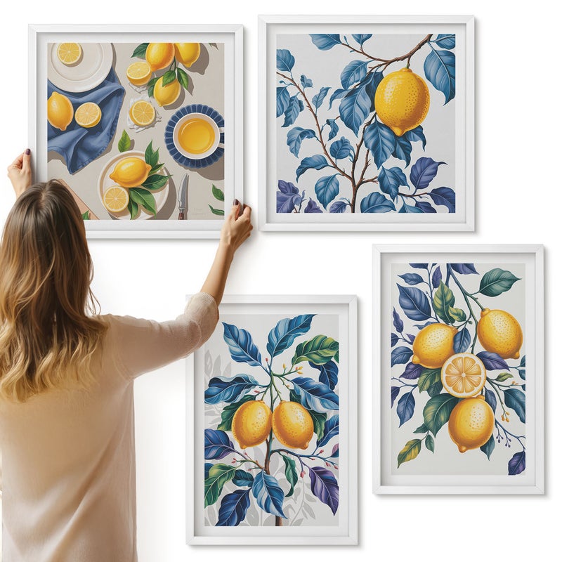Galeria ścienna 4-częściowy komplet obrazów w białych ramach - Cytryny na gałęziach z błękitnymi liśćmi - ArtPrintCave