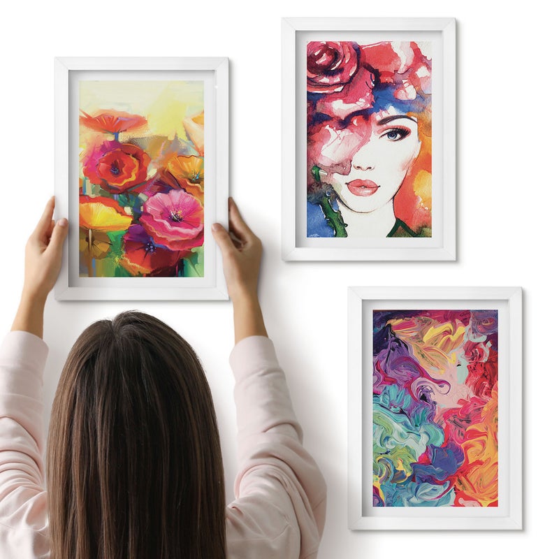 Galeria ścienna 3-częściowy komplet obrazów w białych ramach - Kwiaty w intensywnych kolorach portret kobiety abstrakcja - ArtPrintCave