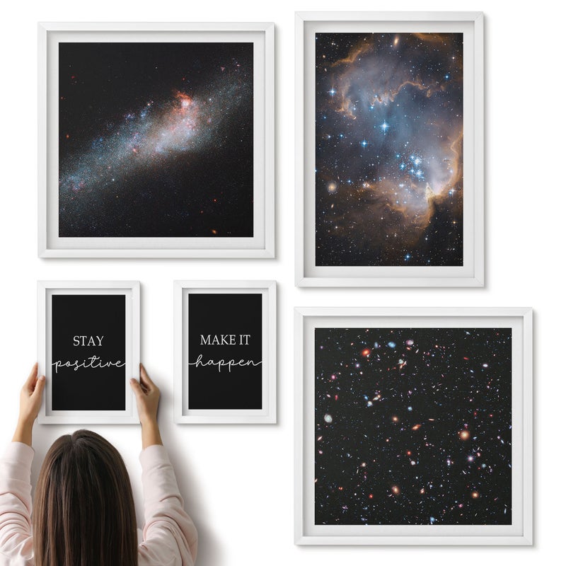 Galeria ścienna 5-częściowy komplet obrazów w białych ramach - Kosmiczne inspiracje pozytywne przesłania i motywacja - ArtPrintCave