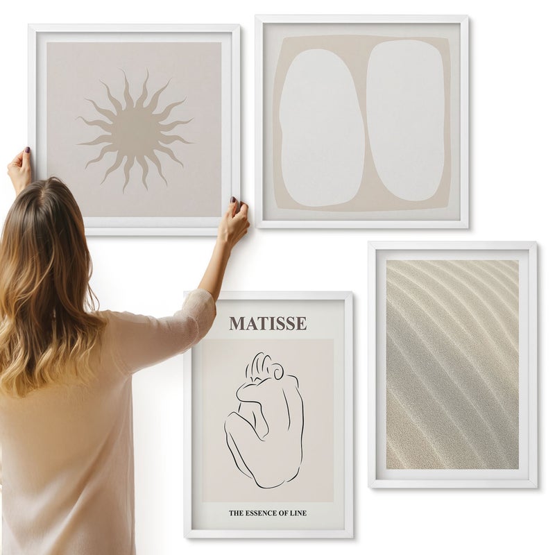 Galeria ścienna 4-częściowy komplet obrazów w białych ramach - Minimalistyczne wzory piaskowe fale i słońce Matisse - ArtPrintCave