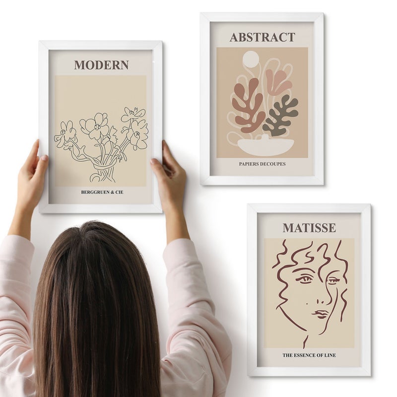 Galeria ścienna 3-częściowy komplet obrazów w białych ramach - Roślinne motywy i linie w stylu nowoczesnym - ArtPrintCave