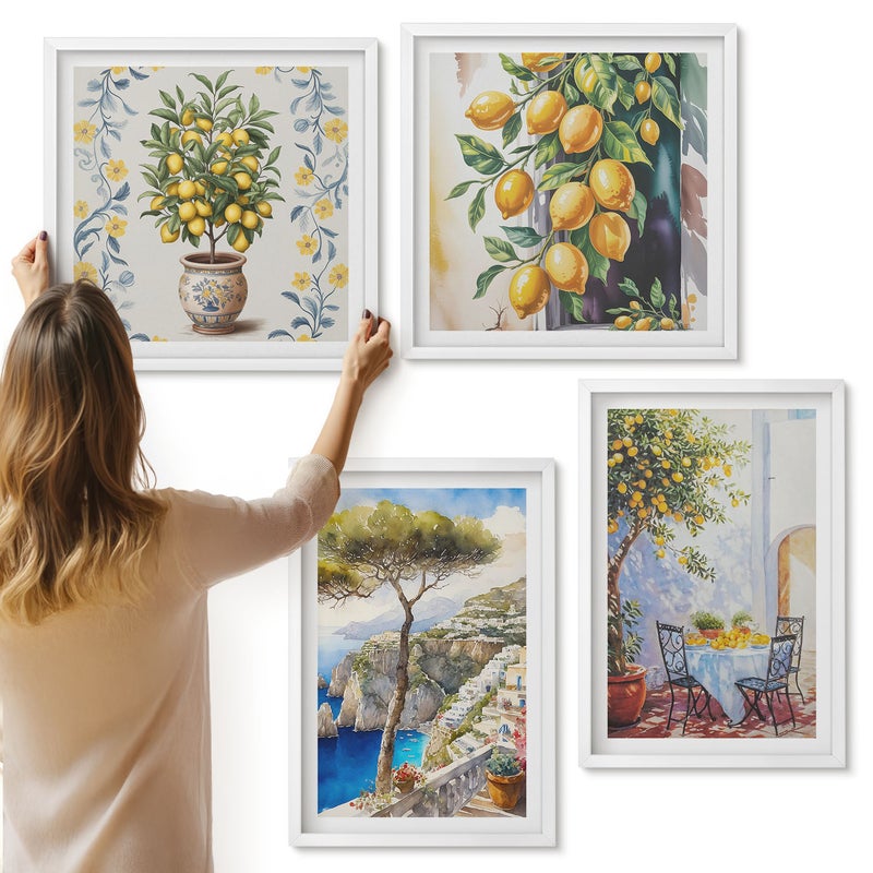 Galeria ścienna 4-częściowy komplet obrazów w białych ramach - Drzewa cytrynowe i malowane nadmorskie widoki - ArtPrintCave