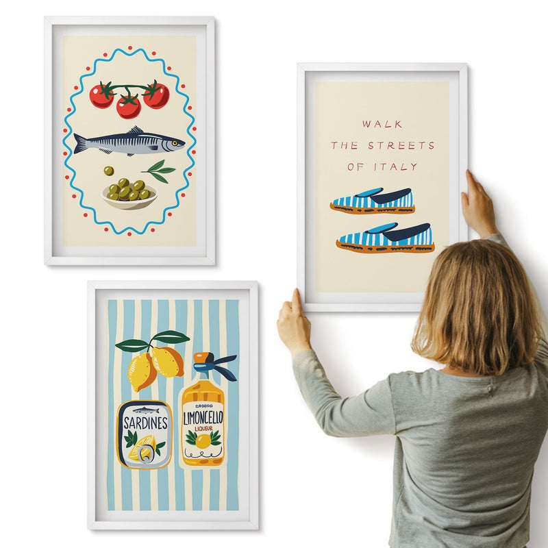 Galeria ścienna 3-częściowy komplet obrazów w białych ramach - Włoskie smaki i styl życia w kolorowych obrazach - ArtPrintCave