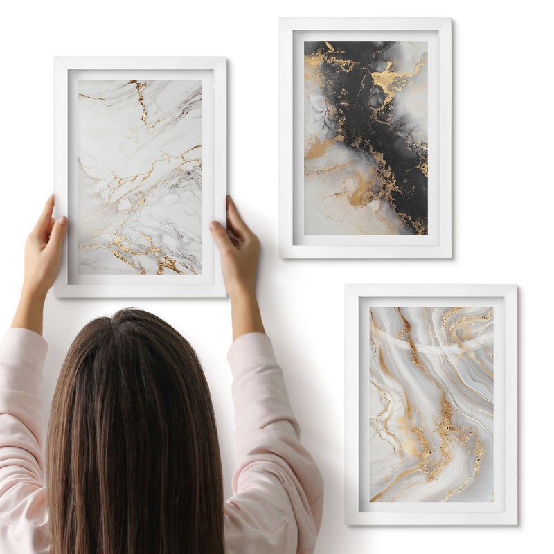 Galeria ścienna 3-częściowy komplet obrazów w białych ramach - Abstrakcyjne wzory w odcieniach bieli i czerni - ArtPrintCave