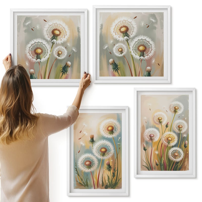 Galeria ścienna 4-częściowy komplet obrazów w białych ramach - Kwiaty dmuchawców na tle pastelowych traw - ArtPrintCave