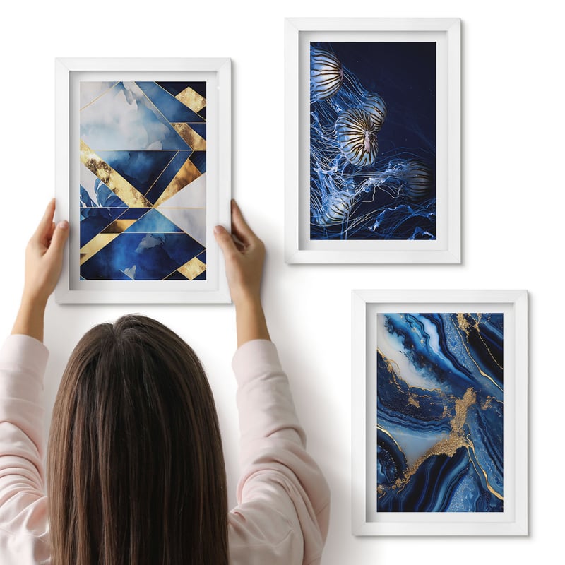 Galeria ścienna 3-częściowy komplet obrazów w białych ramach - Abstrakcyjne eleganckie wzory z akcentami - ArtPrintCave