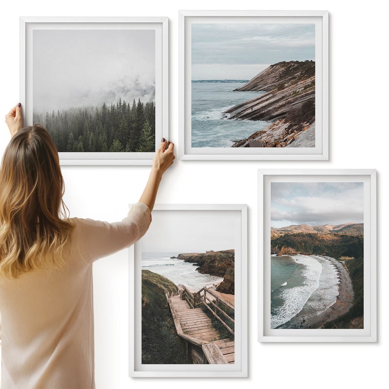Galeria ścienna 4-częściowy komplet obrazów w białych ramach - Widoki nadmorskie z klifami i plażą pejzaże - ArtPrintCave
