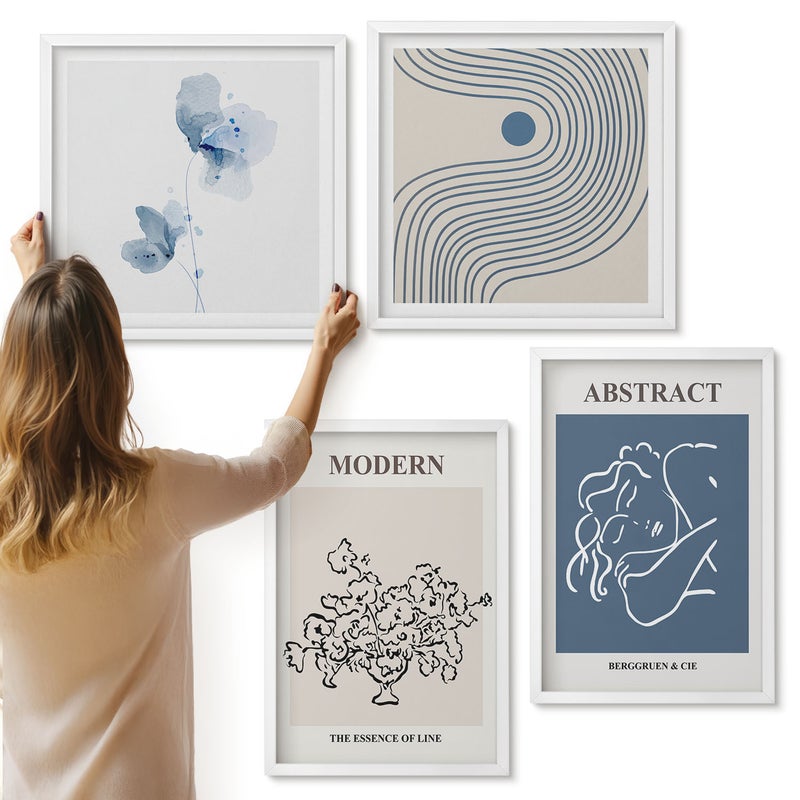 Galeria ścienna 4-częściowy komplet obrazów w białych ramach - Kwiaty linie i abstrakcyjne kształty postery - ArtPrintCave