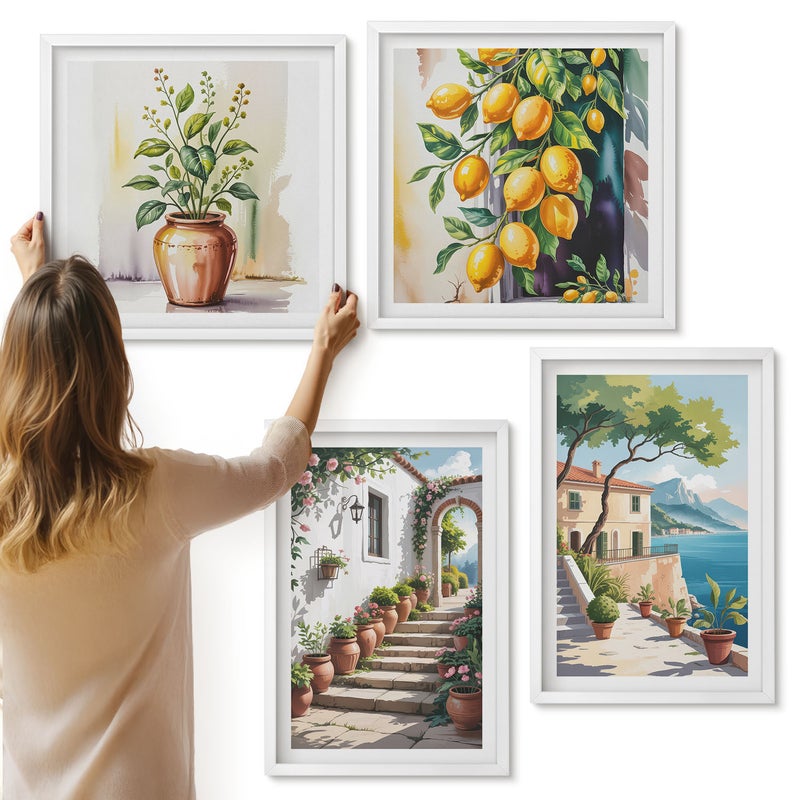 Galeria ścienna 4-częściowy komplet obrazów w białych ramach - Cytryny na tle kwiatów i widoki nadmorskie - ArtPrintCave