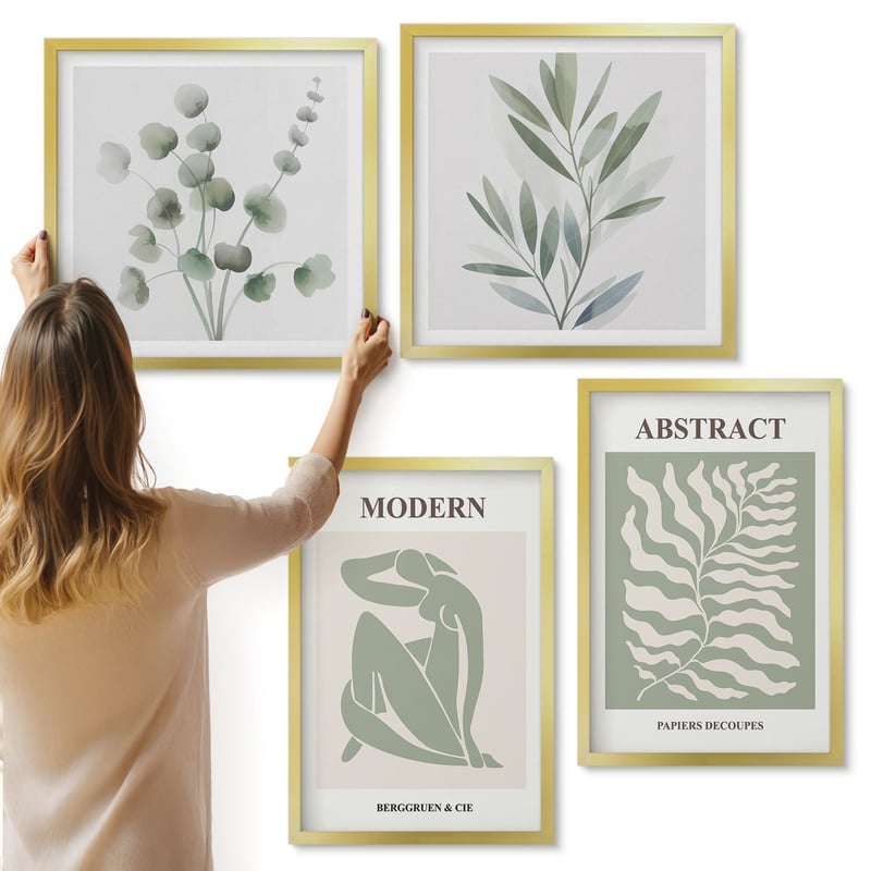 Galeria ścienna 4-częściowy komplet obrazów w złotych ramach - Wzornictwo Matisse akwarelowe rośliny boho - ArtPrintCave