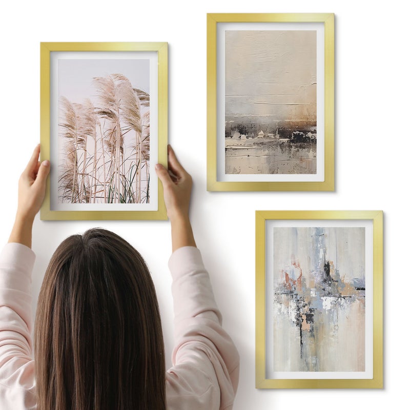 Galeria ścienna 3-częściowy komplet obrazów w złotych ramach - Roślinność naturalna abstrakcyjne wzory w stonowanej kolorystyce - ArtPrintCave