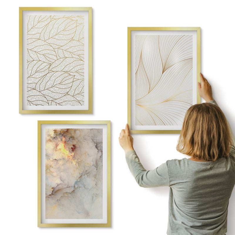 Galeria ścienna 3-częściowy komplet obrazów w złotych ramach - Linearne wzory liści abstrakcyjny marmur - ArtPrintCave