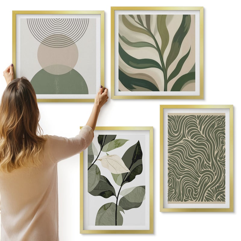 Galeria ścienna 4-częściowy komplet obrazów w złotych ramach - Liście i geometryczne kształty abstrakcja - ArtPrintCave