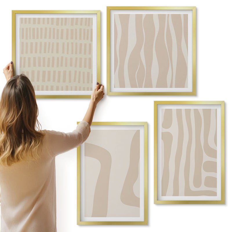 Galeria ścienna 4-częściowy komplet obrazów w złotych ramach - Abstrakcyjne wzory minimalistyczne kształty styl boho - ArtPrintCave