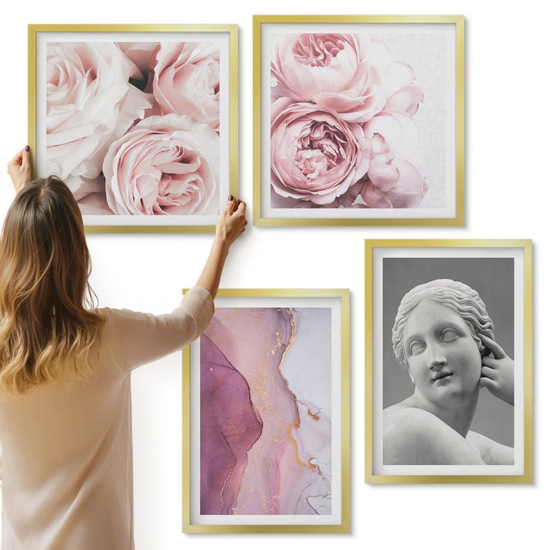Galeria ścienna 4-częściowy komplet obrazów w złotych ramach - Romantyczne piwonie rzeźba kobiety abstrakcja - ArtPrintCave