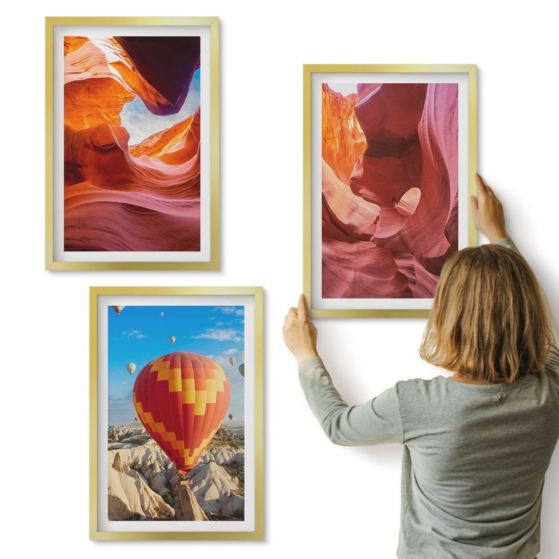 Galeria ścienna 3-częściowy komplet obrazów w złotych ramach - Krajobrazy pustynnych wąwozów i lot balonem - ArtPrintCave