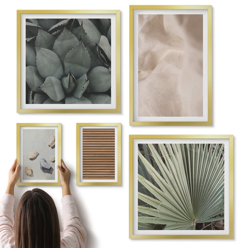 Galeria ścienna 5-częściowy komplet obrazów w złotych ramach - Kamienie drewno tkanina różne tekstury - ArtPrintCave