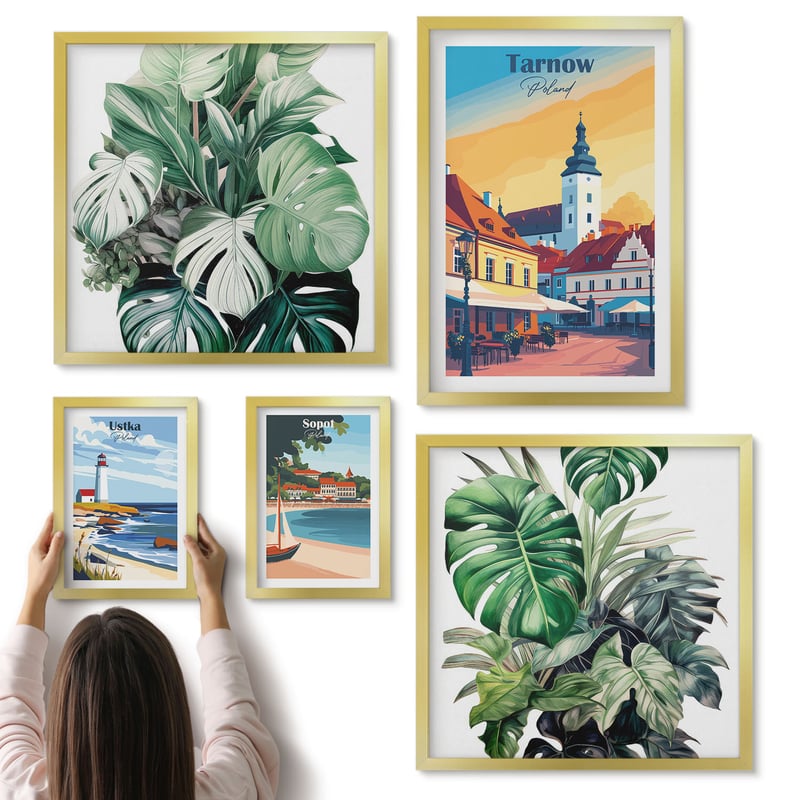 Galeria ścienna 5-częściowy komplet obrazów w złotych ramach - Polskie miasta nadmorskie z motywami roślinnymi - ArtPrintCave