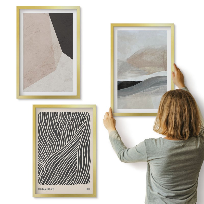 Galeria ścienna 3-częściowy komplet obrazów w złotych ramach - Abstrakcyjne wzory w odcieniach beżu i szarości - ArtPrintCave