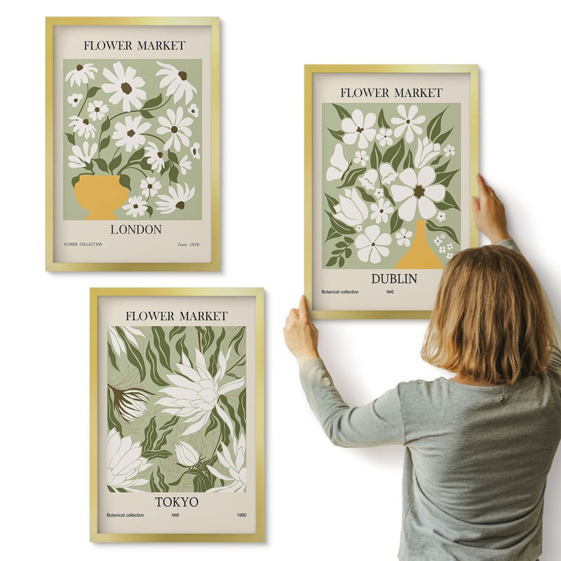 Galeria ścienna 3-częściowy komplet obrazów w złotych ramach - Kwiatowe wzory posterów Londyn Tokio Dublin - ArtPrintCave