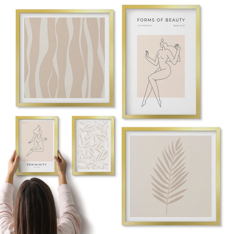 Galeria ścienna 5-częściowy komplet obrazów w złotych ramach - Stylowe grafiki z kobiecymi sylwetkami i roślinnymi motywami - ArtPrintCave