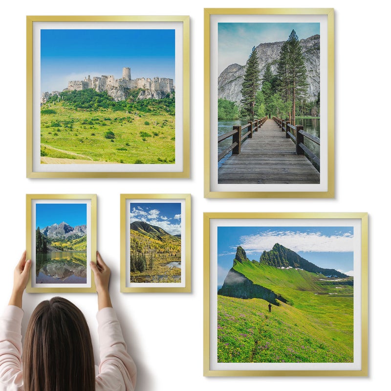 Galeria ścienna 5-częściowy komplet obrazów w złotych ramach - Naturalne krajobrazy górskie z wodospadami i lasami - ArtPrintCave