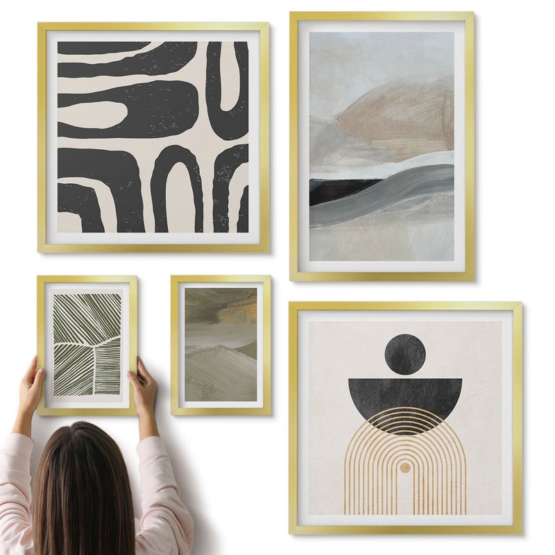 Galeria ścienna 5-częściowy komplet obrazów w złotych ramach - Abstrakcyjne wzory i kształty w stonowanej kolorystyce - ArtPrintCave