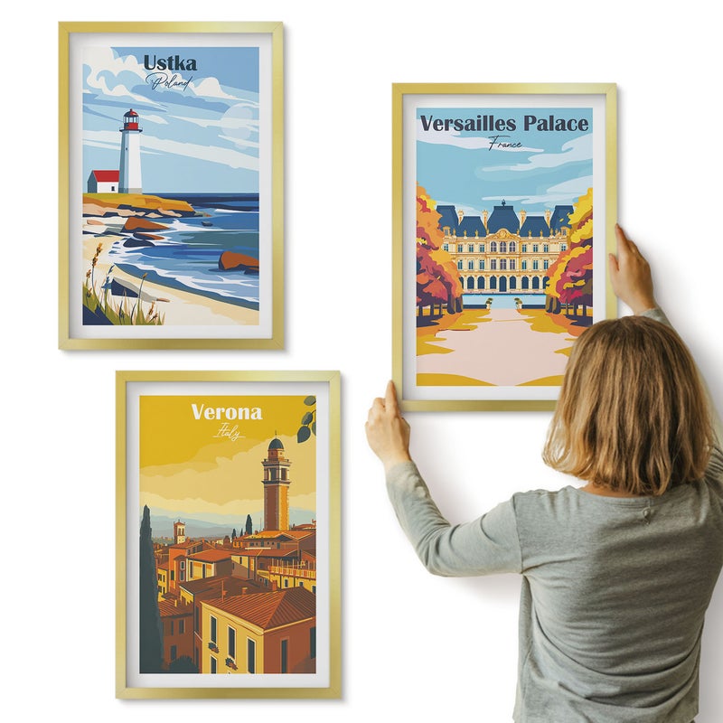 Galeria ścienna 3-częściowy komplet obrazów w złotych ramach - Widoki znanych miejsc nad morzem i w miastach - ArtPrintCave
