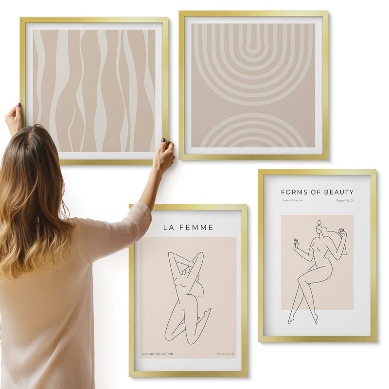 Galeria ścienna 4-częściowy komplet obrazów w złotych ramach - Kolekcja minimalistycznych form i naturalnych kształtów - ArtPrintCave