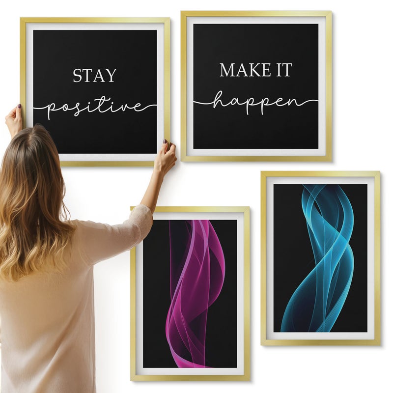 Galeria ścienna 4-częściowy komplet obrazów w złotych ramach - Fale kolorowych neonowych linii na ciemnym tle - ArtPrintCave