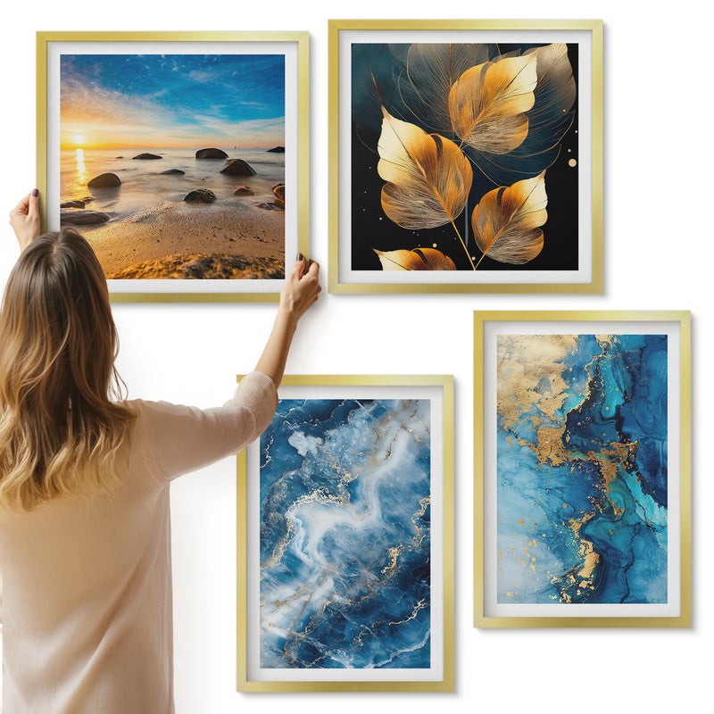 Galeria ścienna 4-częściowy komplet obrazów w złotych ramach - Niebieskie abstrakcyjne wzory - ArtPrintCave