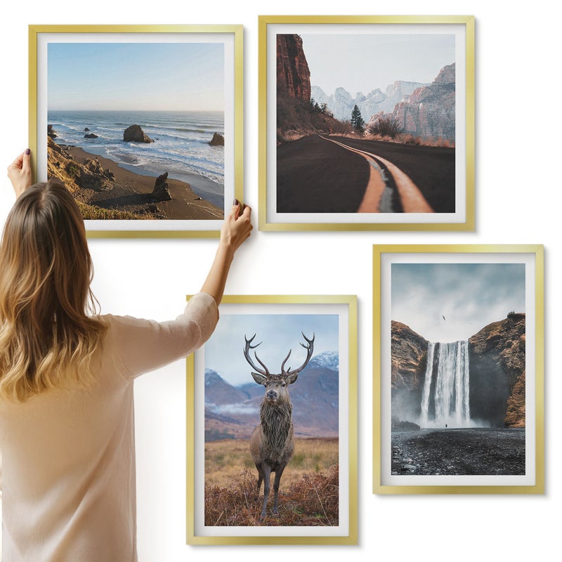 Galeria ścienna 4-częściowy komplet obrazów w złotych ramach - Krajobrazy górskie z wodospadem jeleniem i plażą - ArtPrintCave