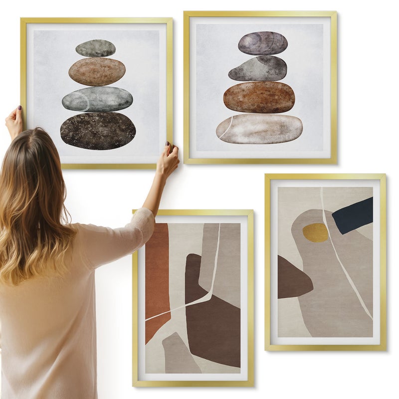 Galeria ścienna 4-częściowy komplet obrazów w złotych ramach - Abstrakcyjne malarstwo boho kształty w nowoczesnym stylu - ArtPrintCave