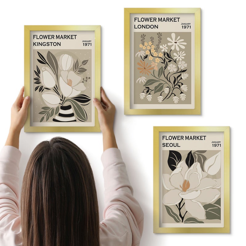 Galeria ścienna 3-częściowy komplet obrazów w złotych ramach - Kwiaty w stylu retro z różnych miast świata - ArtPrintCave