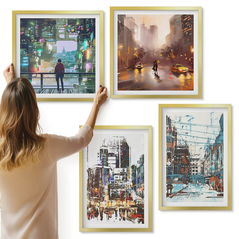 Galeria ścienna 4-częściowy komplet obrazów w złotych ramach - Nowoczesne miasta w kolorach z postacią w tle - ArtPrintCave