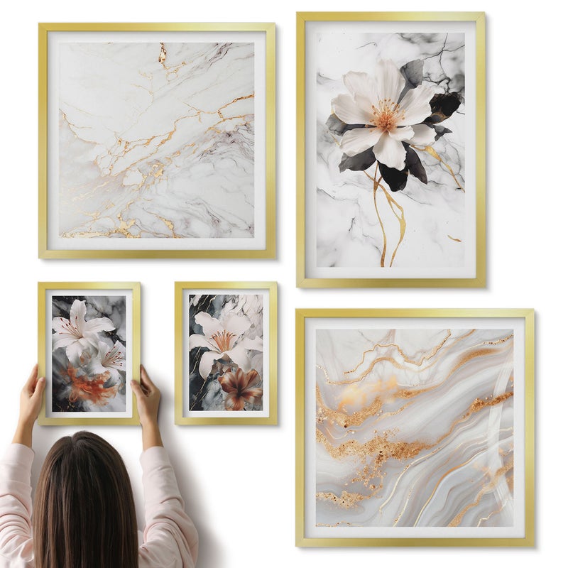 Galeria ścienna 5-częściowy komplet obrazów w złotych ramach - Kwiatowe motywy na marmurowym tle w eleganckim stylu - ArtPrintCave
