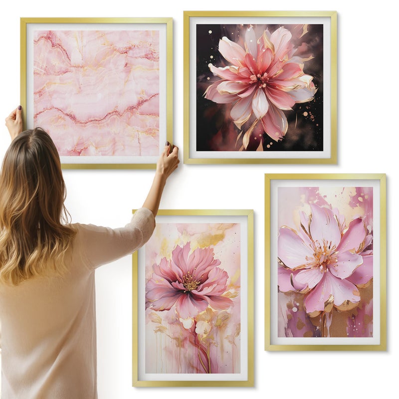 Galeria ścienna 4-częściowy komplet obrazów w złotych ramach - Kwiatowe kompozycje w odcieniach różu i bieli - ArtPrintCave