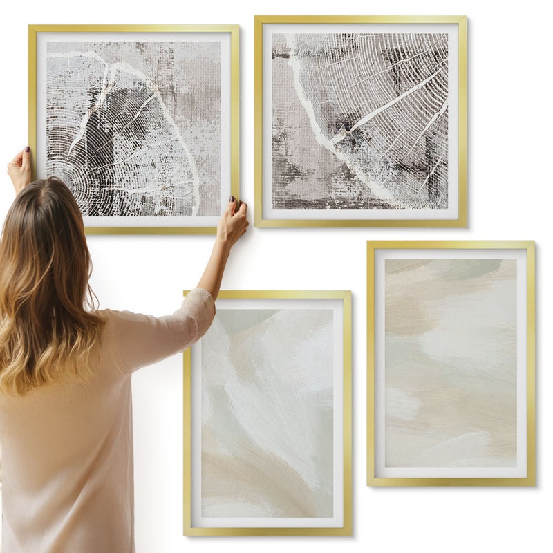 Galeria ścienna 4-częściowy komplet obrazów w złotych ramach - Malarska tekstura ślady farby minimalizm - ArtPrintCave