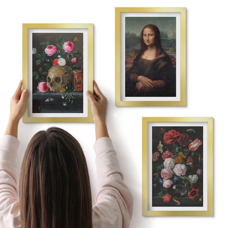 Galeria ścienna 3-częściowy komplet obrazów w złotych ramach - Vintage kwiaty czaszka i portret Mona Lisy Leonardo da Vinci - ArtPrintCave