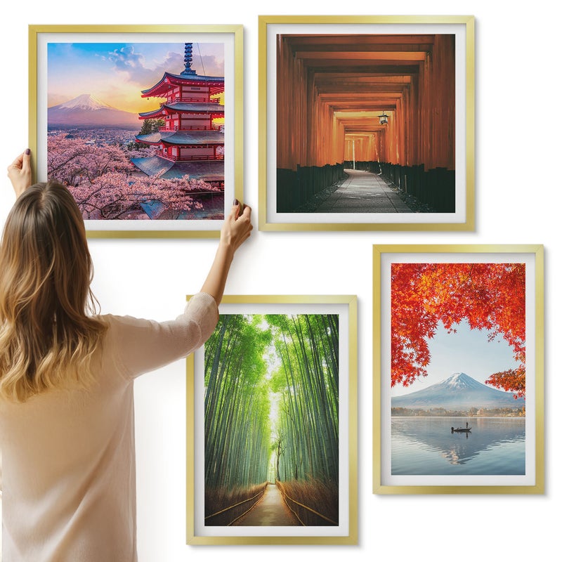 Galeria ścienna 4-częściowy komplet obrazów w złotych ramach - Las bambusowy góra Fuji ścieżka torii architektura Japonii - ArtPrintCave