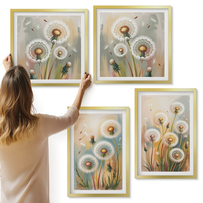 Galeria ścienna 4-częściowy komplet obrazów w złotych ramach - Kwiaty dmuchawców na tle pastelowych traw - ArtPrintCave