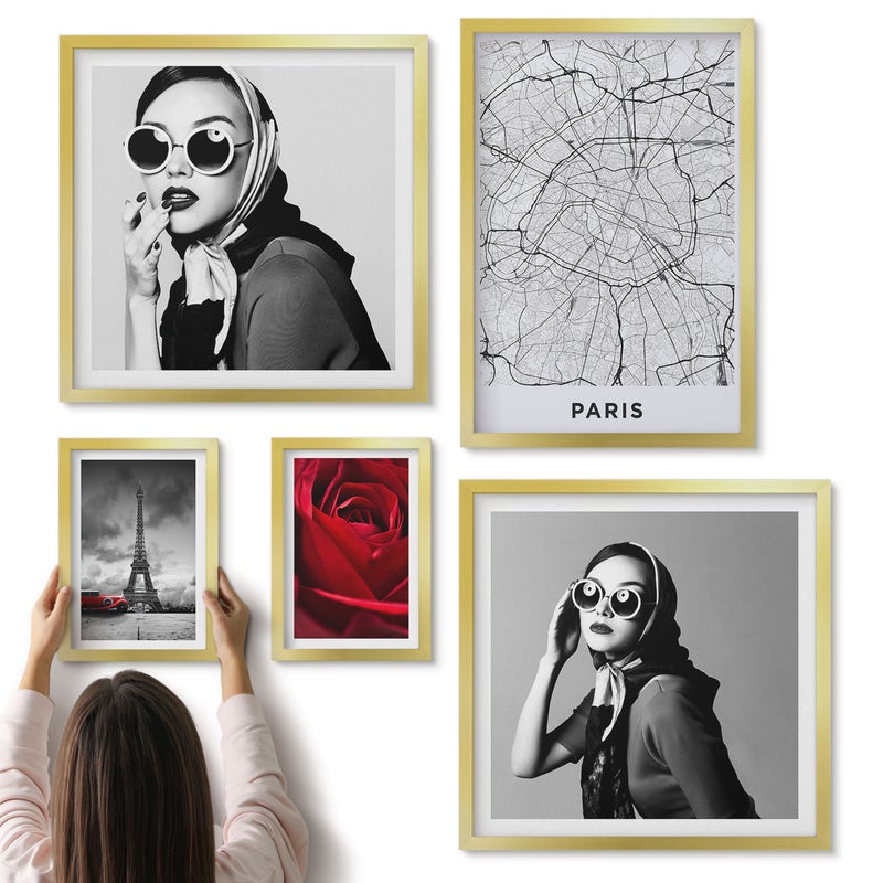Galeria ścienna 5-częściowy komplet obrazów w złotych ramach - Stylowe akcenty Paryża z modą i romantyzmem - ArtPrintCave