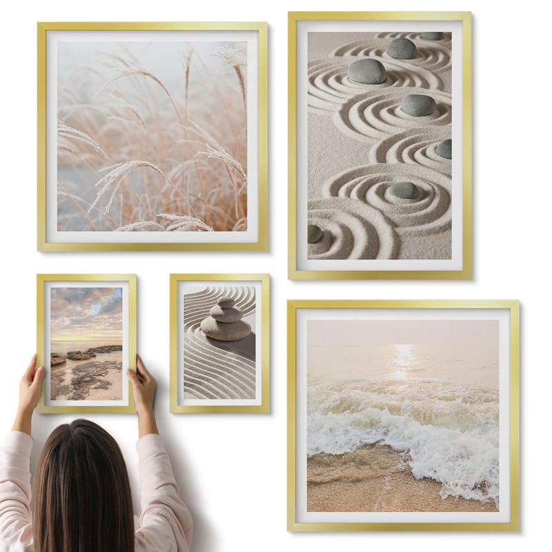 Galeria ścienna 5-częściowy komplet obrazów w złotych ramach - Relaksujące pejzaże natury z kamieniami i falami morskimi - ArtPrintCave