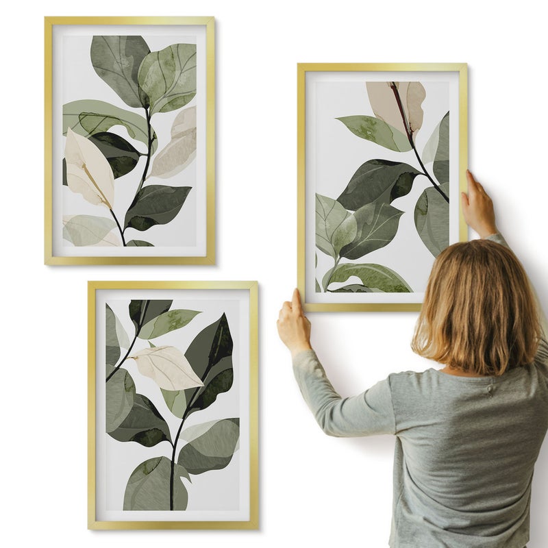 Galeria ścienna 3-częściowy komplet obrazów w złotych ramach - Malowane delikatne liście roślin boho - ArtPrintCave