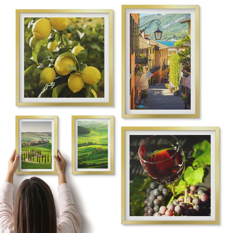 Galeria ścienna 5-częściowy komplet obrazów w złotych ramach - Urokliwe krajobrazy włoskiej Toskanii z winoroślami i cytrynami - ArtPrintCave