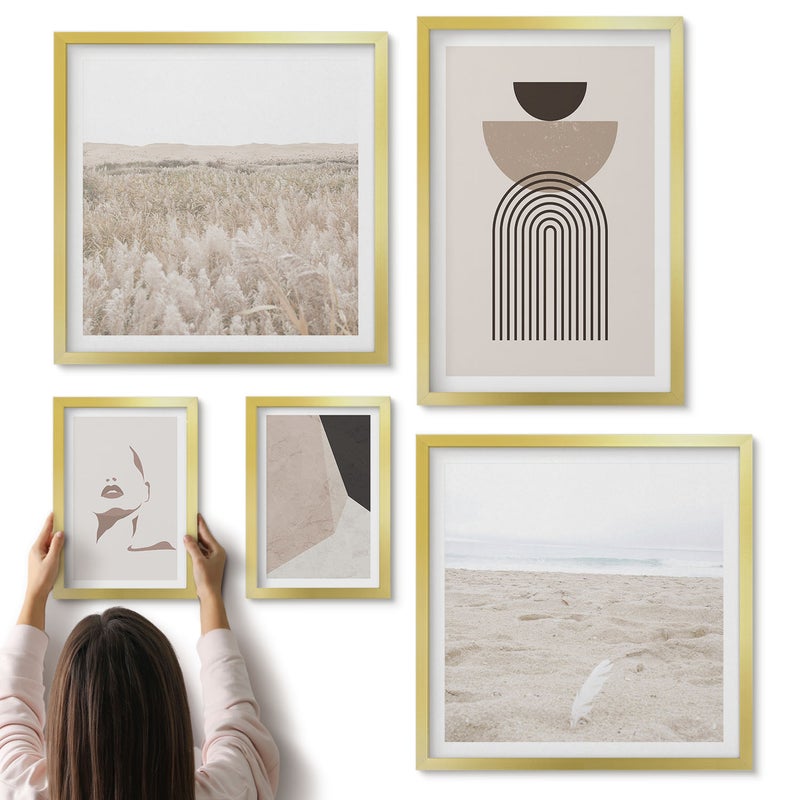 Galeria ścienna 5-częściowy komplet obrazów w złotych ramach - Stylowe abstrakcje i naturalne pejzaże w stonowanej estetyce - ArtPrintCave