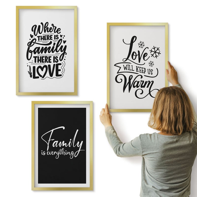 Galeria ścienna 3-częściowy komplet obrazów w złotych ramach - Rodzina miłość ciepło domowe napisy inspirujące - ArtPrintCave
