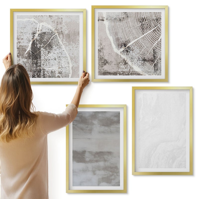 Galeria ścienna 4-częściowy komplet obrazów w złotych ramach - Abstrakcyjne kształty i struktury styl nowoczesny - ArtPrintCave
