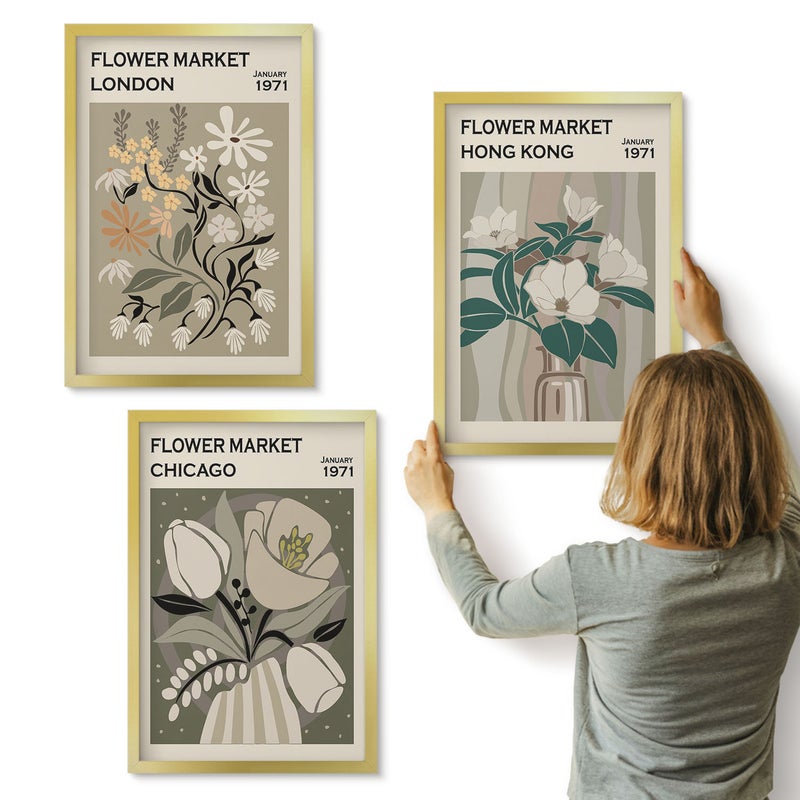 Galeria ścienna 3-częściowy komplet obrazów w złotych ramach - Kwiatowe targi w Londynie Chicago i Hongkongu - ArtPrintCave
